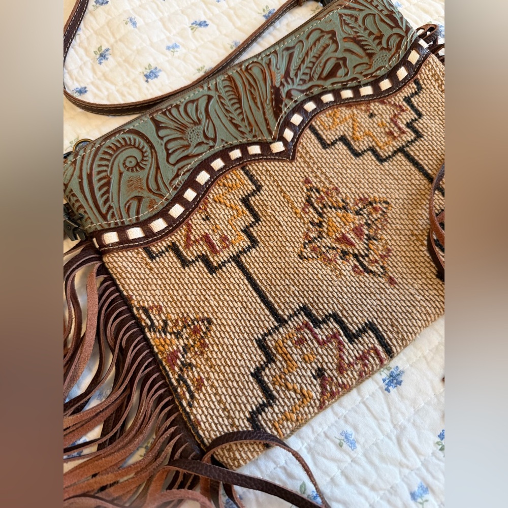 Myra Bag Tan, Brown & Olive Fringed Southwestern Crossbody Bag